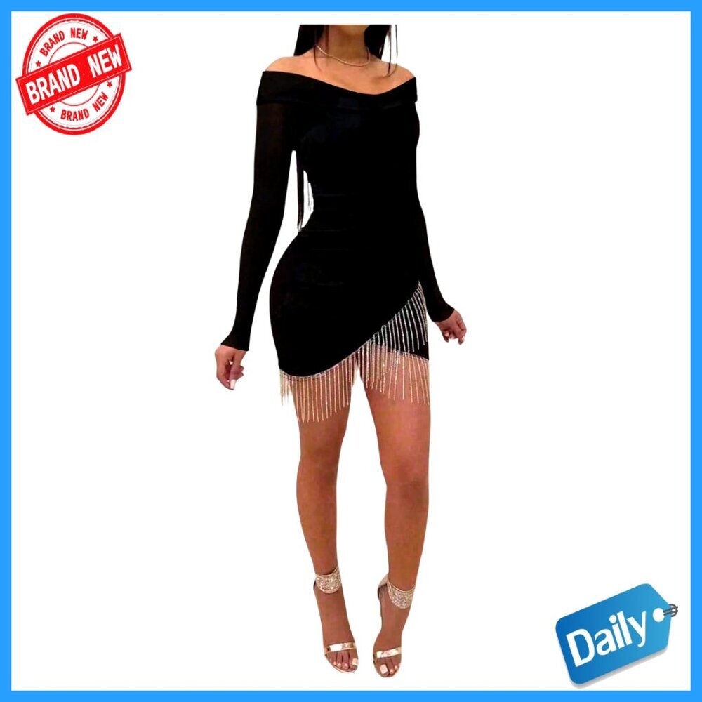 Off Shoulder Long Sleeve Bodycon Mini Dress with Fringe Tassel Hem